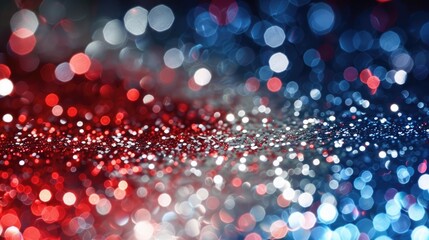 Sparkling red, white, and blue glitter creating an abstract, patriotic background, ideal for celebratory events.