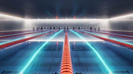 A high-tech swimming pool with robotic lane dividers and bioluminescent water style, high-resolution photo, realistic photo, cinematography