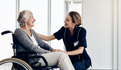 Obraz premium Senior woman, help and caregiver with support for healthcare, empathy or trust in elderly care or retirement at home. People, nurse and touching person with a disability for comfort, love and smile