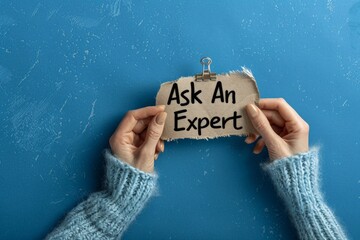 Expert Consulting Concept with Hands Holding 'Ask An Expert' Sign on Blue Background