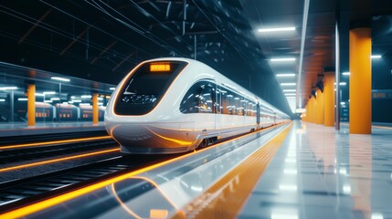 Fototapeta premium A modern railway station with transparent trains and glowing platform displays promoting efficient rail transport style, high-resolution photo, realistic photo, cinematography