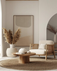 minimalist living room with soft natural lighting, featuring an arched wall in the background. The focal point is a large artwork on one of its walls. A round wooden coffee table, rattan armchair