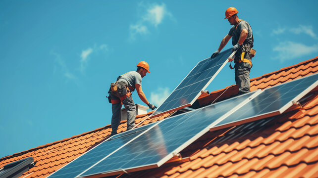 Fachkr&auml;fte bauen Solaranlage aufs Dach 