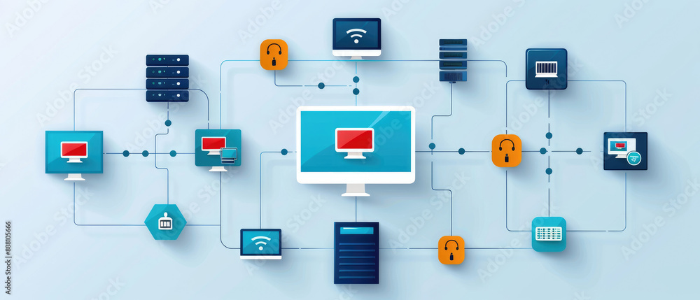 Poster showcasing a flat design illustration of interconnected routers and switches, representing the conce