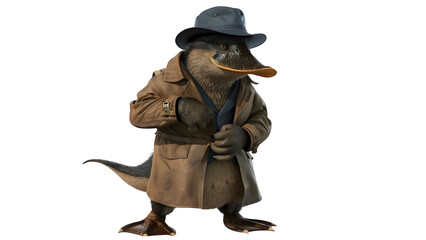 Platypus dressed as a detective isolated on a transparent background, PNG