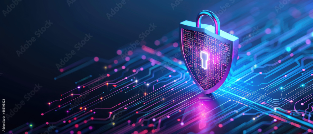 Poster explore a flat design illustration showcasing network security with a locked shield and interconnect