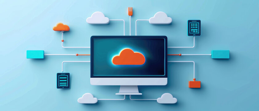 Modern flat design illustration showcasing system connections between cloud servers and various devices. Ideal for technology, network, and communication concepts.