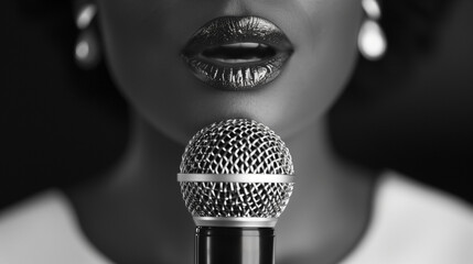 Close-up of a Black woman singing into a microphone, symbolizing musical talent and expression, ideal for Black History Month celebrations