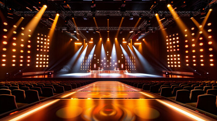 Overhead view of the Miss Europe pageant stage, showcasing dazzling lights, decorations, and an excited audience 