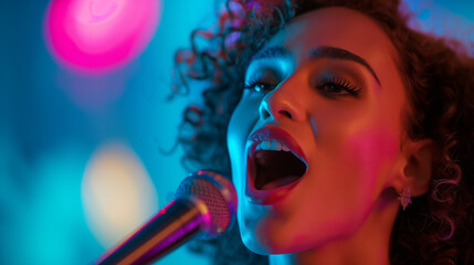 Fototapeta premium Closeup of a Miss Europe contestant during the talent portion, focused and performing passionately on stage 