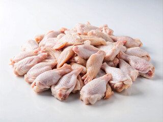 Freshly refrigerated raw chicken wings piled high on a clean white surface, glistening with moisture, awaiting preparation for a savory culinary delight.
