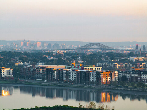 Distant Bayonne Bridge and Newark skyline