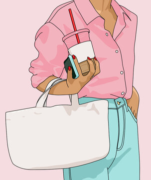 Vector Illustration of a Young Urban Stylish Woman Holding a Big Canvas Fabric Tote Bag. Blank Mockup Shopping Bag Template.