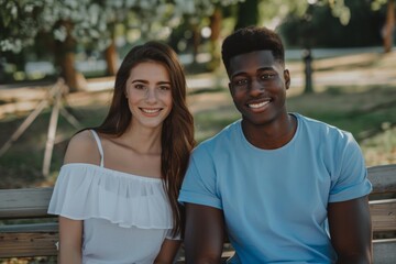 Fototapeta premium Happy interracial couple on a bench in the park