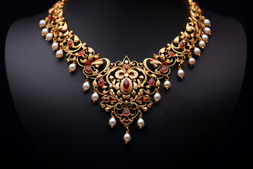 Close up of diamond necklace on black background with diamond ear ring, Bridal necklace studded with rubies, emeralds and precious stones