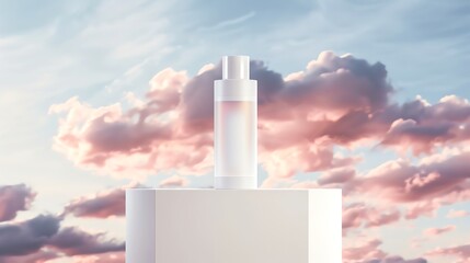 Elegant perfume bottle on a white podium with a dreamy pink and blue sky background, creating a luxurious and serene atmosphere.