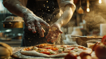 A chef is making pizza in the kitchen. He sprinkles cheese on it and highlights its color with yellow powder. He uses tomatoes for decoration.