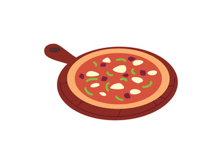 Pizza on the chalkboard with sausage, cheese and vegetables, delicious whole pizza fast food menu vector illustration