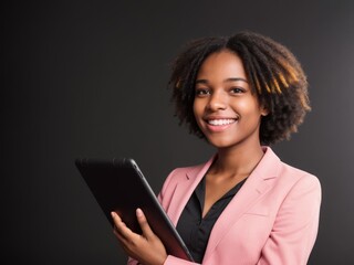 Fototapeta premium Young black african woman in pink blazer holds graphite tablet and smiles on isolated background