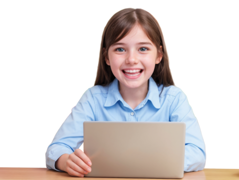 Transparent PNG young white girl smiles brightly while using laptop computer at a desk