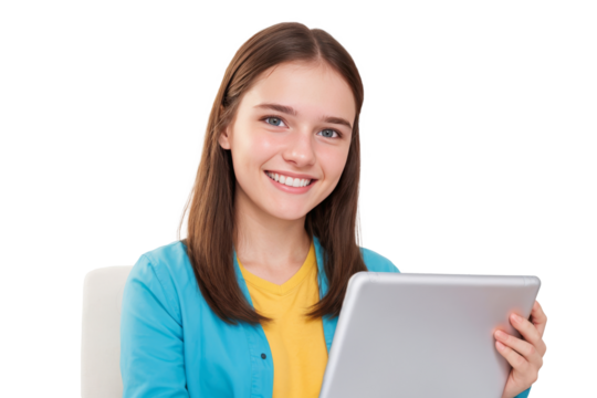 Young girl student or trainee manager sits indoors, smiling and looking at camera while using tablet computer