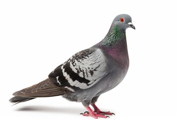 Fototapeta premium Portrait of a pigeon with grey feathers on a white background, standing in profile.