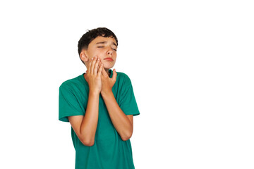 preadolescent boy touching his jaw with intense odor gesture © Inspiraciones