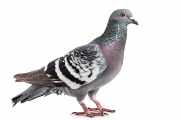 Portrait of a pigeon with grey feathers on a white background, standing in profile.