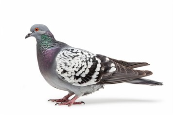 Portrait of a pigeon with grey feathers on a white background, standing in profile.