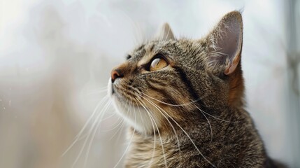 Fototapeta premium Close-Up Portrait of a Tabby Cat with Green Eyes Looking Out the Window on a Bright Day