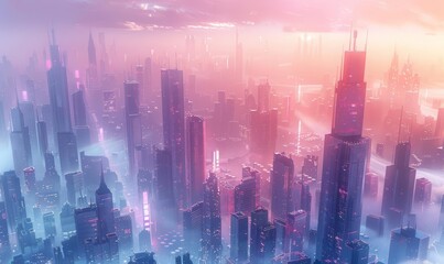 Neon-lit futuristic cityscape with pink and blue tones at dusk