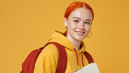 Fototapeta premium A smiling redhead girl is wearing a yellow hoodie and a backpack. space for copy