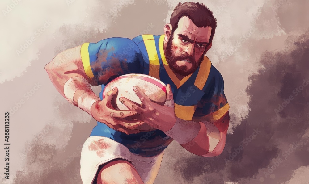 Poster determined rugby player in action with intense expression and muddy uniform