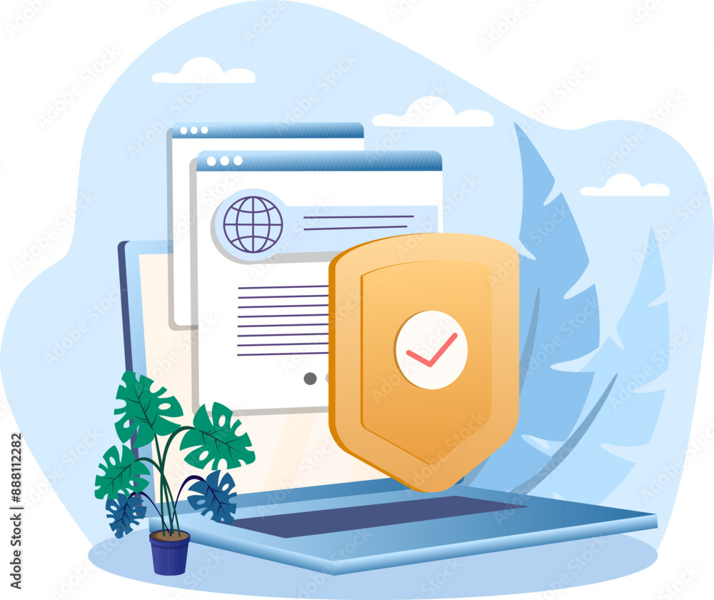 Poster website security shield protecting user data on laptop
