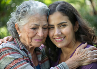 Warm tender moment captured between two women of different ages, gray hair and warm smile contrast with dark hair, embracing in a loving tender hold.