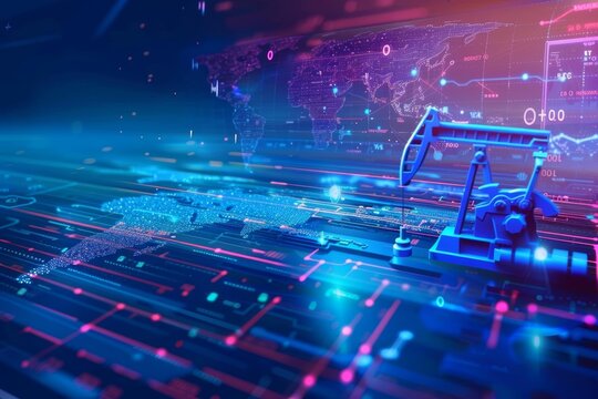 Futuristic Oil Rig and Digital World Map in Neon Colors - Powered by Adobe
