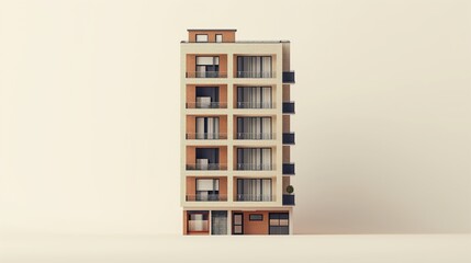 Front view 3D illustration of an apartment building on an ivory setting.