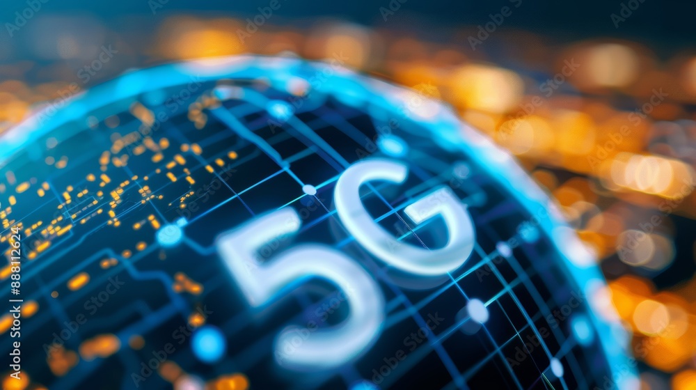 Poster abstract globe with 5g symbols orbiting, representing global connectivity and communication advancem