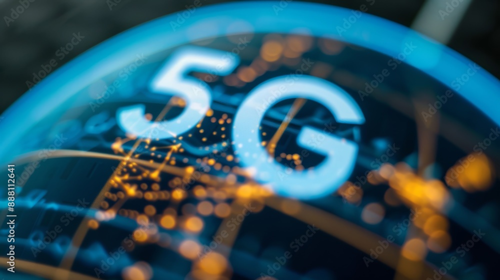 Poster abstract globe with 5g symbols orbiting, representing global connectivity and communication advancem