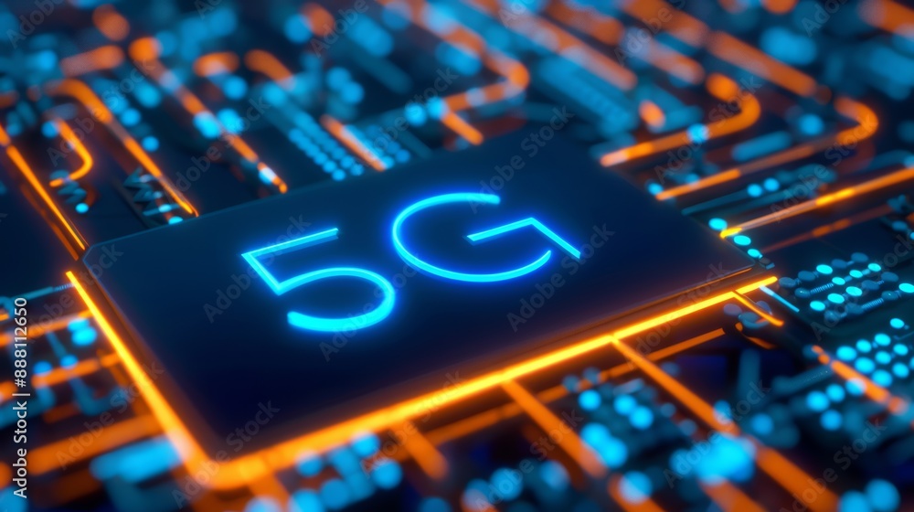 Poster abstract representation of 5g network nodes connected by glowing lines on a dark background, represe