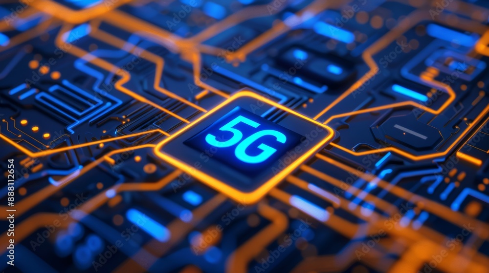 Poster abstract representation of 5g network nodes connected by glowing lines on a dark background, represe