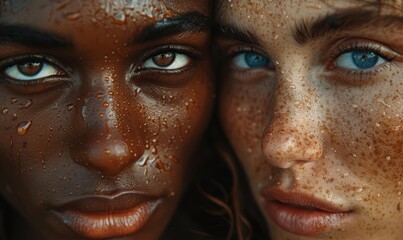 Close-Up Portrait of Diverse Faces with Water Droplets