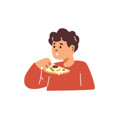 Cute boy eating pizza, hungry kid character with appetite biting mozzarella pizza, fast food snack vector illustration