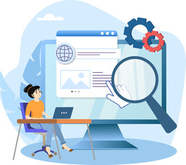 Woman working on website analysis using big data magnifying glass