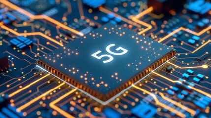 Closeup of a 5G chip on a circuit board, surrounded by glowing data paths, emphasizing advanced technology 