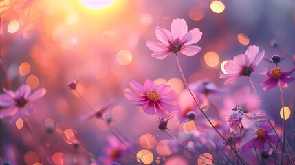 Fototapeta premium Pink Cosmos Flowers in a Dreamy Sunset