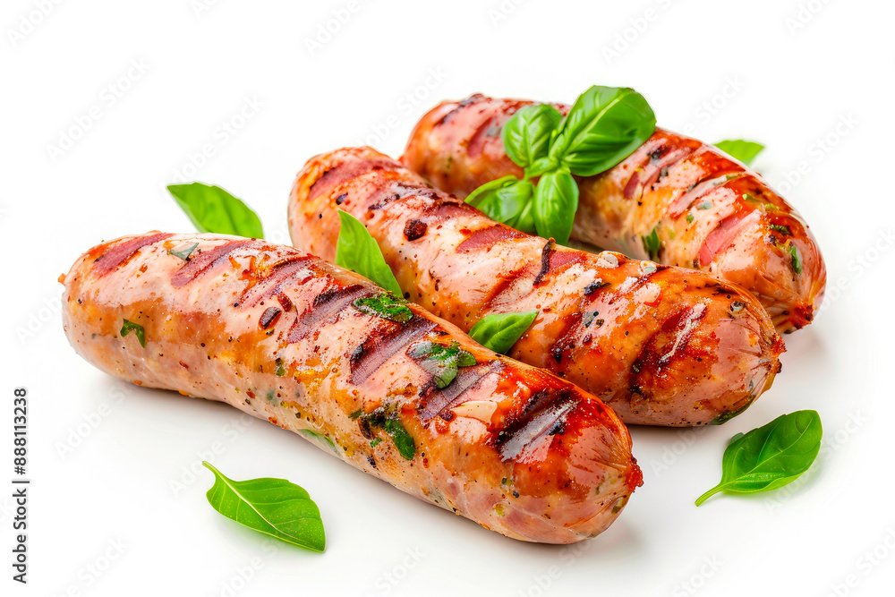 Wall mural grilled pork sausages with basil leaves isolated on white background