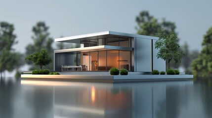 Dynamic perspective of a small modern villa against a silver background.