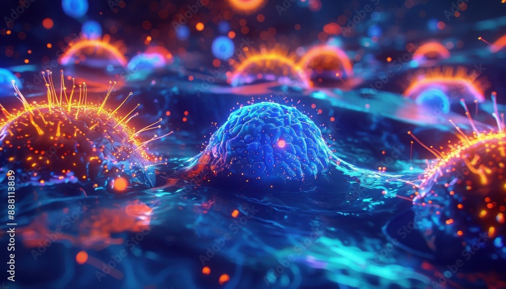Poster 3d rendering of multiple cancer cells in blue and orange colors, some with spikes on the surface, so