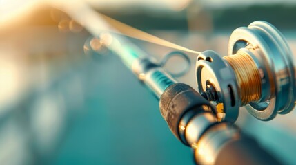 Closeup of a professional fishing rod and reel, with a focus on the intricate details and craftsmanship 